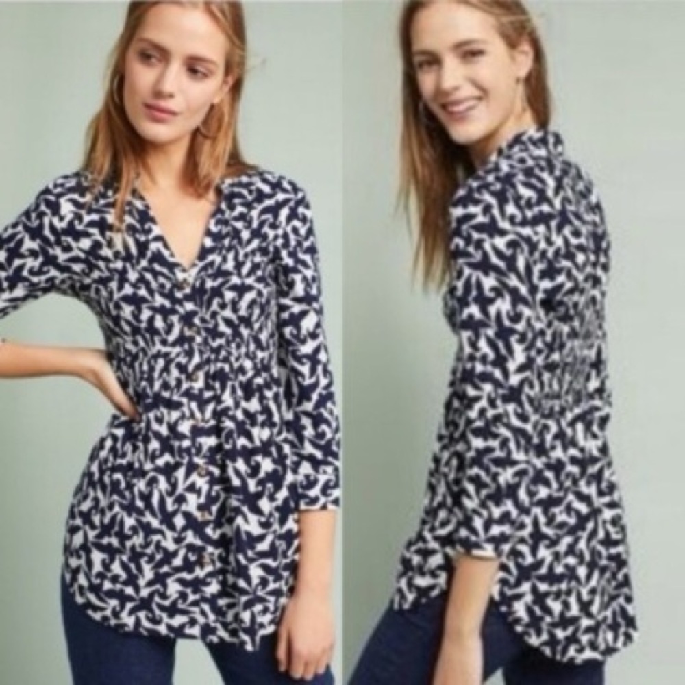 Anthropologie Maeve Alexa Bird Print Linen Blend Smocked Tunic Top Size Small